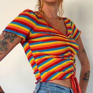 SHEIN - Multi-Color Striped Ruched Top. Scalloped hem. Size SMALL.